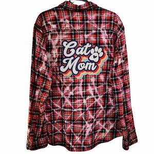 Cat Mom Orange & Blue Custom Upcycled Plaid Flannel Shirt, XL